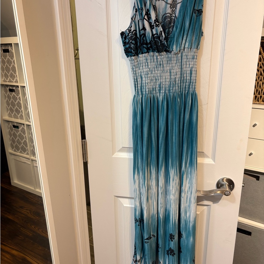Blue and White Maxi Dress with Black Floral Detail